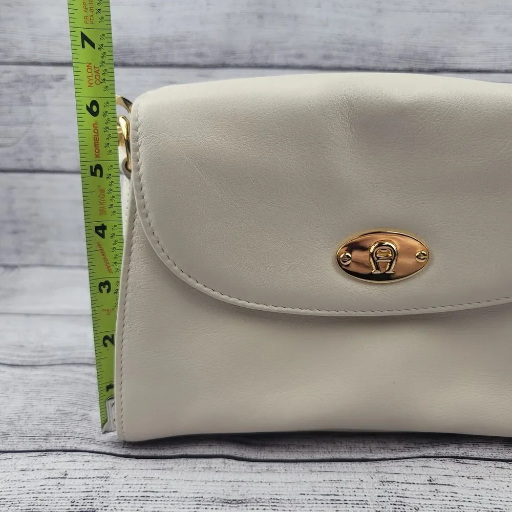 Etienne Aigner Leather Ivory Handbag with Crossbody Adjustable Strap Gold - Picture 7 of 9
